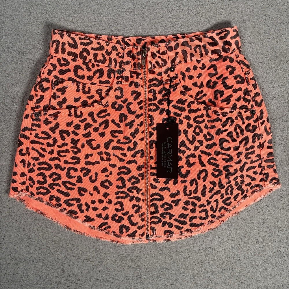 Carmar Denim Neon Orange Leopard Print Zip Front Mini Skirt NWT Size 25 Y2K